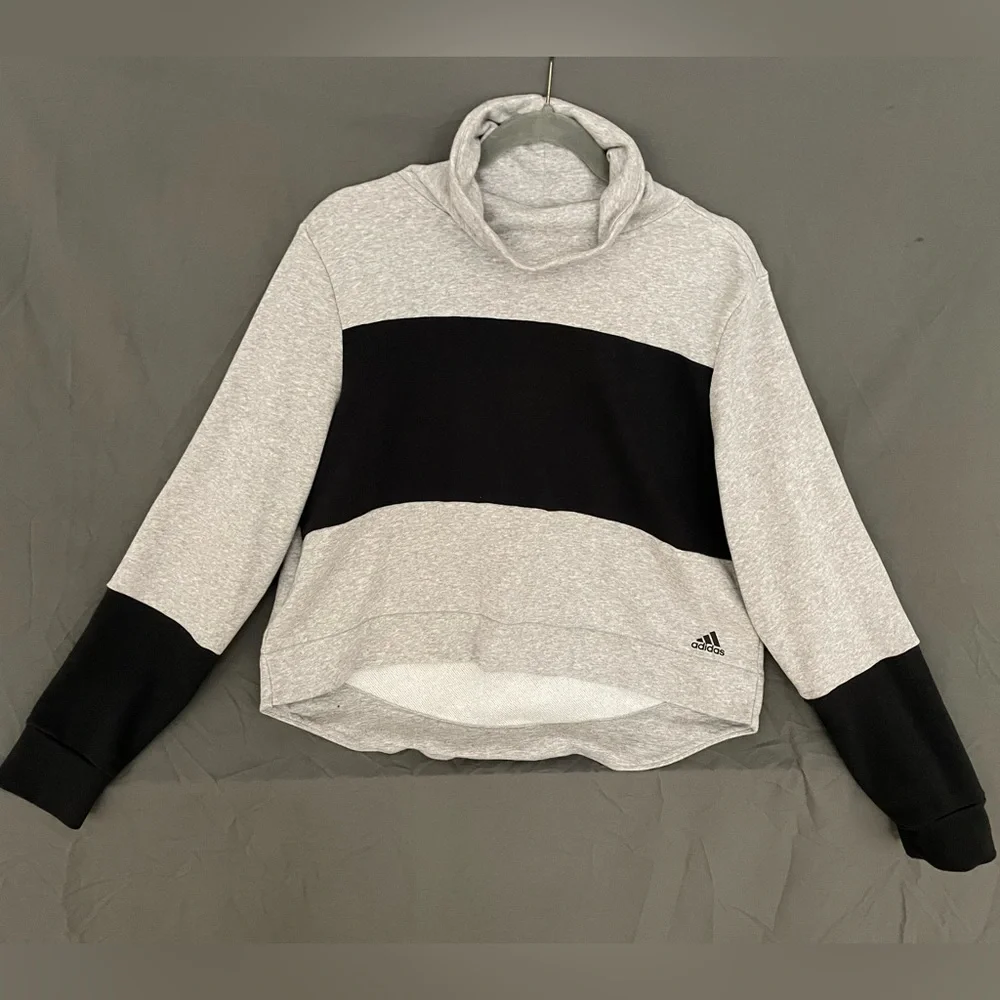 Adidas Womens Grey Cropped High Low Cowl Neck Sweatshirt with Stripe - Size L - Picture 2 of 8